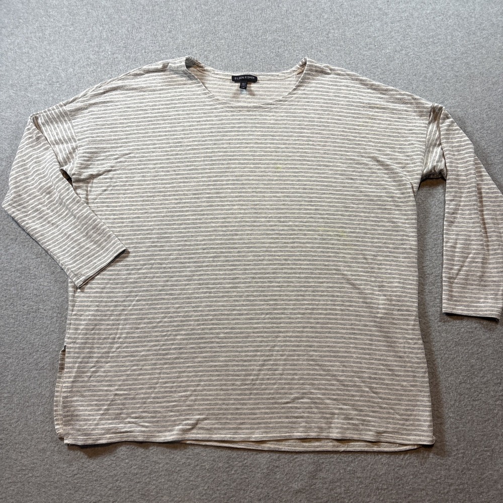 Eileen Fisher Women's Long Sleeve Sweater Shirt Gray/White Sz L (Highliter Stain